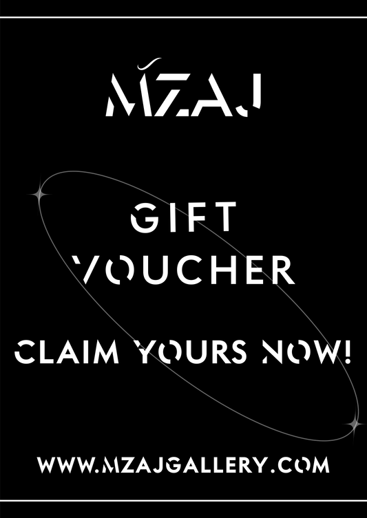 MZAJ gift voucher promotion with website URL on a black background