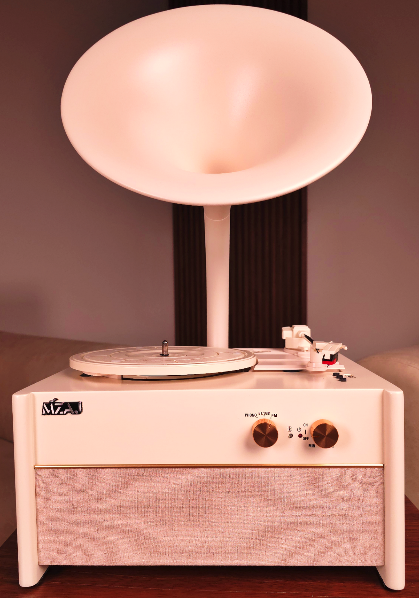 Vintage-style record player with a horn in a warm-toned room.