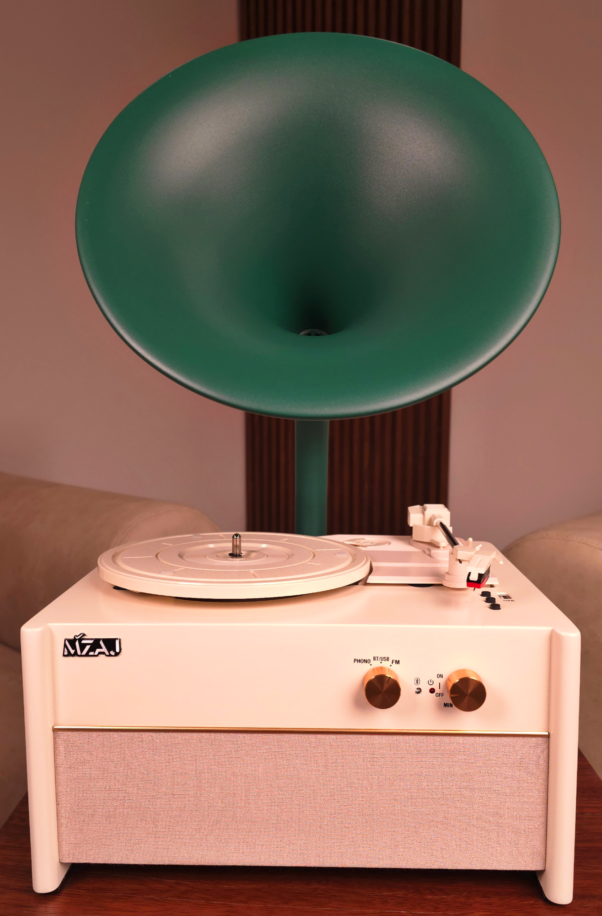 Vintage-style record player with a green horn on a wooden surface.