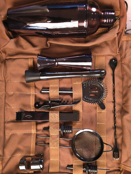 cocktail accessories in a canvas bag